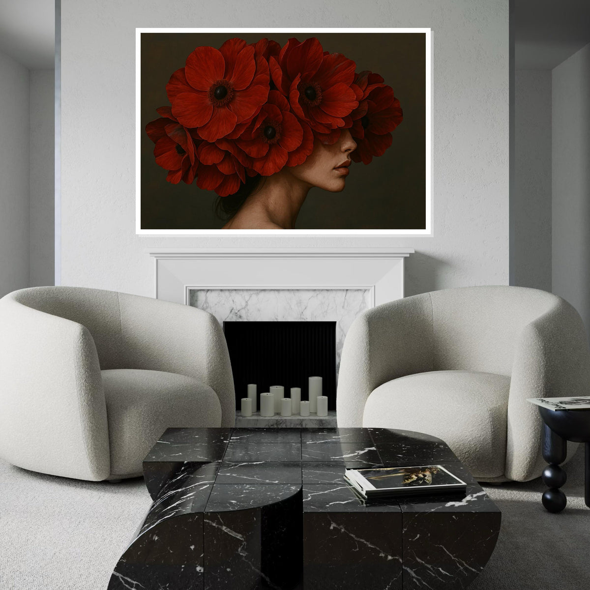 Red Poppy Bloom Portrait, Floral Canvas Art, Red Flower Headdress, Wall Art Canvas Design, Artistic Home Decor, Ready To Hang Decoration