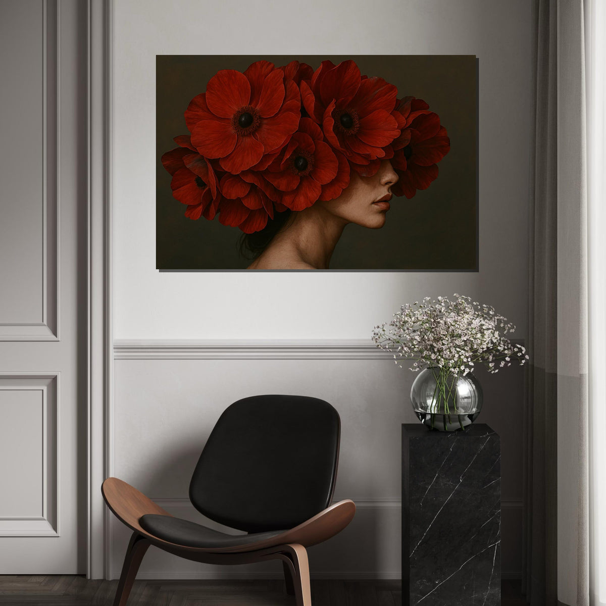 Red Poppy Bloom Portrait, Floral Canvas Art, Red Flower Headdress, Wall Art Canvas Design, Artistic Home Decor, Ready To Hang Decoration