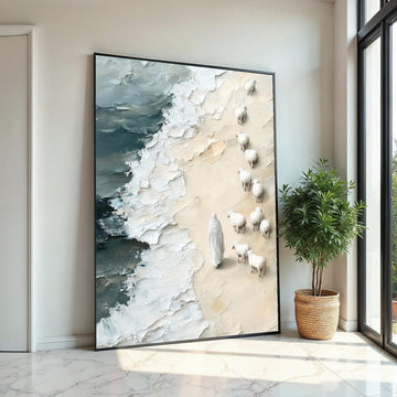 Shepherd on Shore Canvas, Jesus with Sheep Art, Pastoral Beach Scene, Wall Art Canvas Design, Ready to Hang Decoration