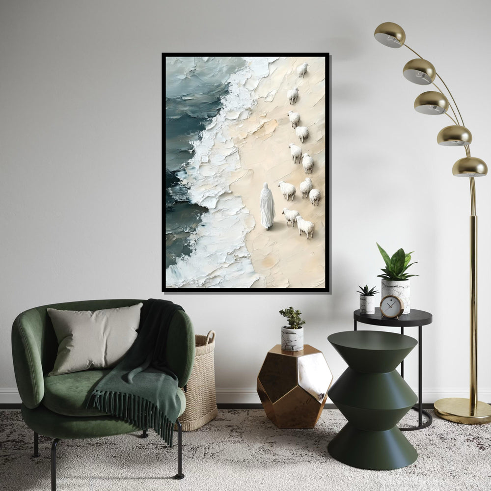 Shepherd on Shore Canvas, Jesus with Sheep Art, Pastoral Beach Scene, Wall Art Canvas Design, Ready to Hang Decoration