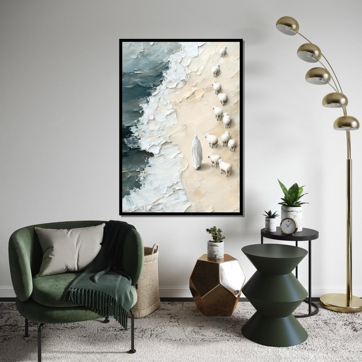Shepherd on Shore Canvas, Jesus with Sheep Art, Pastoral Beach Scene, Wall Art Canvas Design, Ready to Hang Decoration