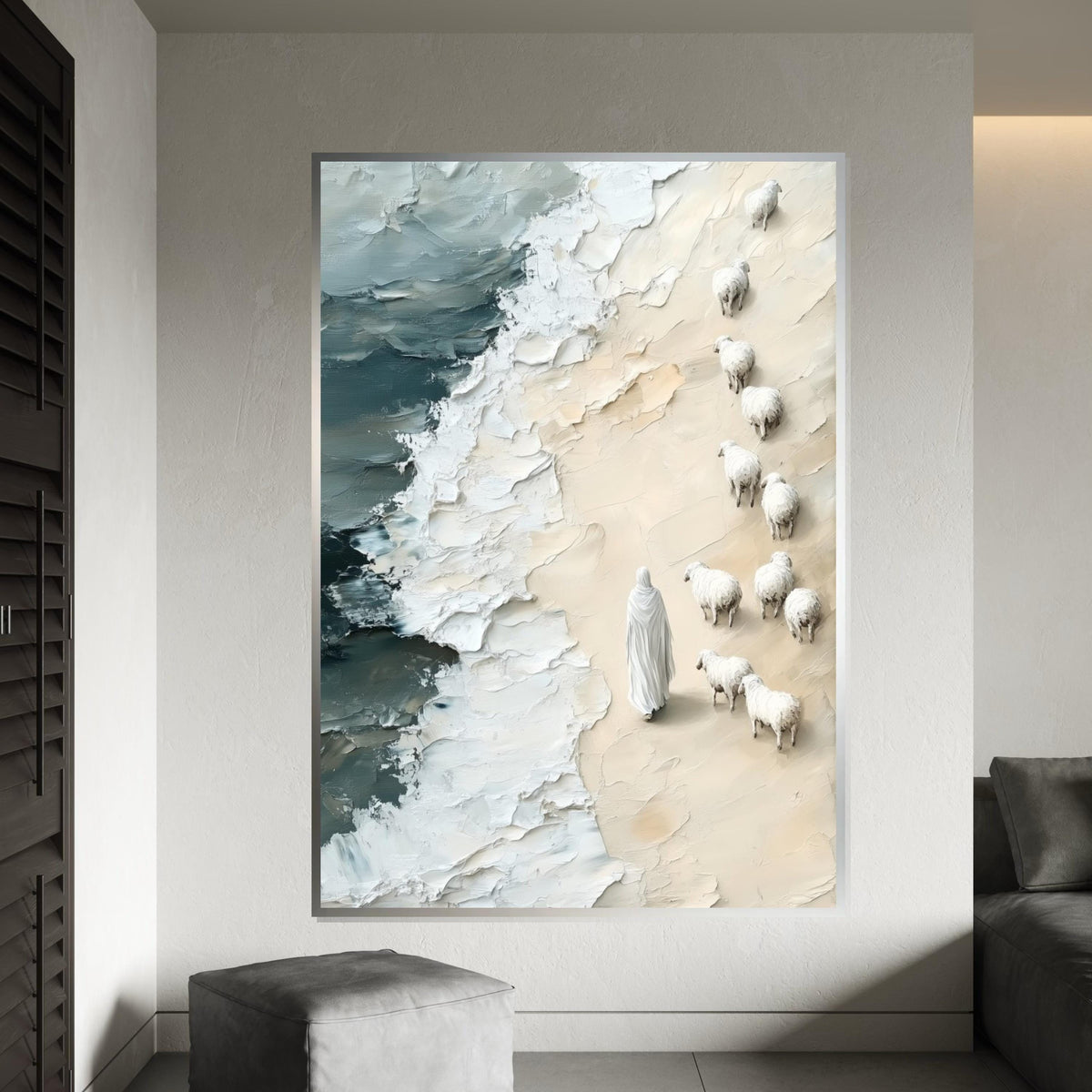 Shepherd on Shore Canvas, Jesus with Sheep Art, Pastoral Beach Scene, Wall Art Canvas Design, Ready to Hang Decoration