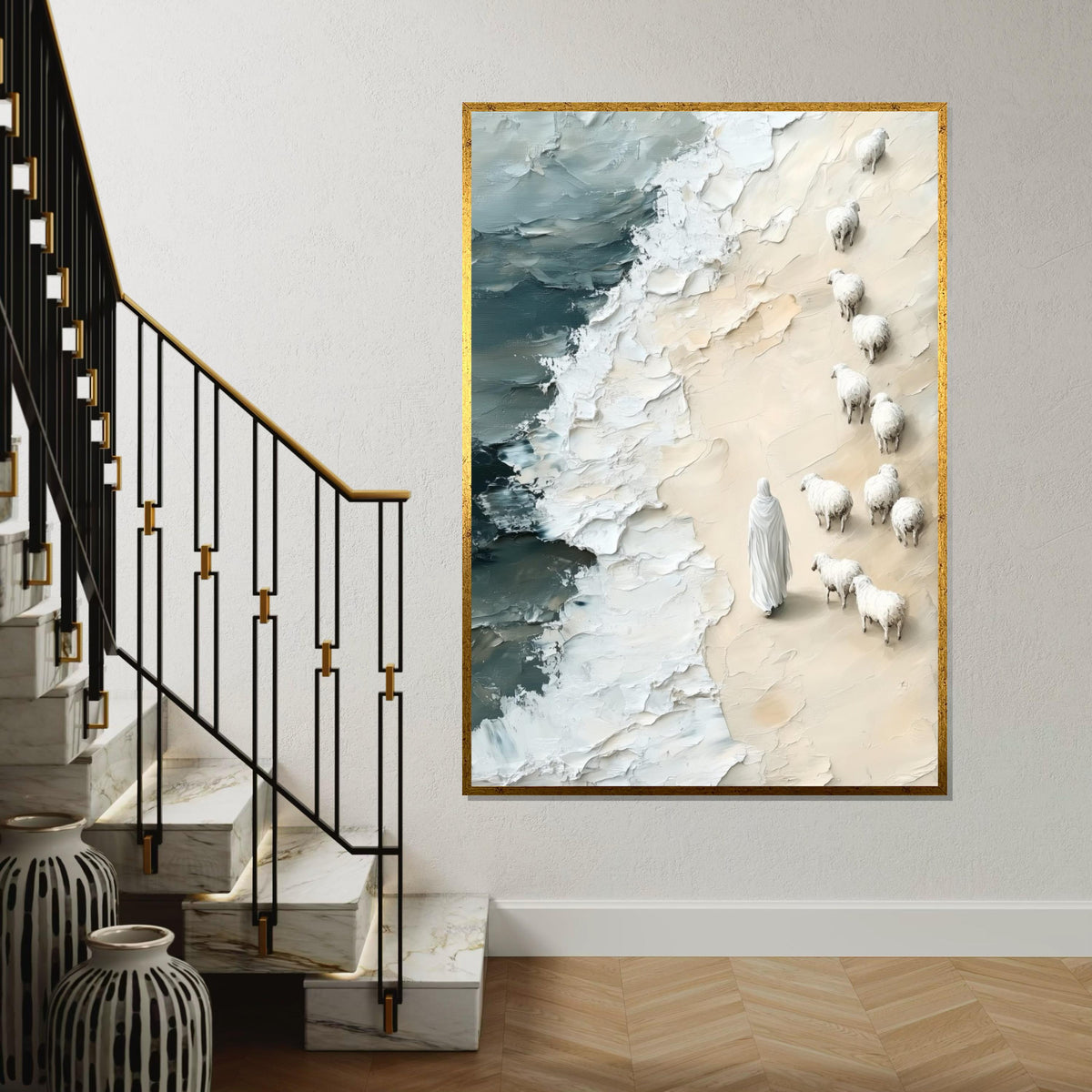 Shepherd on Shore Canvas, Jesus with Sheep Art, Pastoral Beach Scene, Wall Art Canvas Design, Ready to Hang Decoration