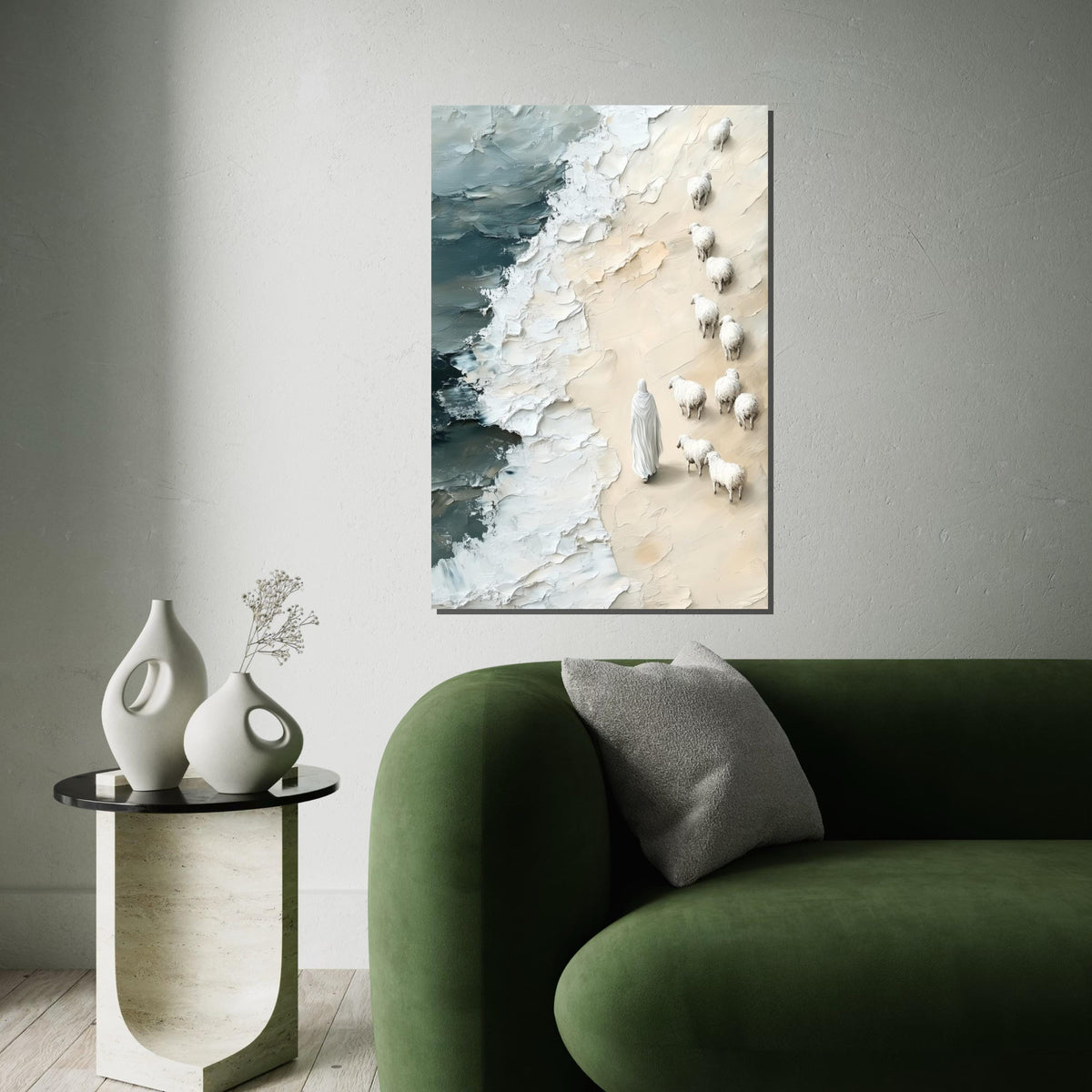 Shepherd on Shore Canvas, Jesus with Sheep Art, Pastoral Beach Scene, Wall Art Canvas Design, Ready to Hang Decoration
