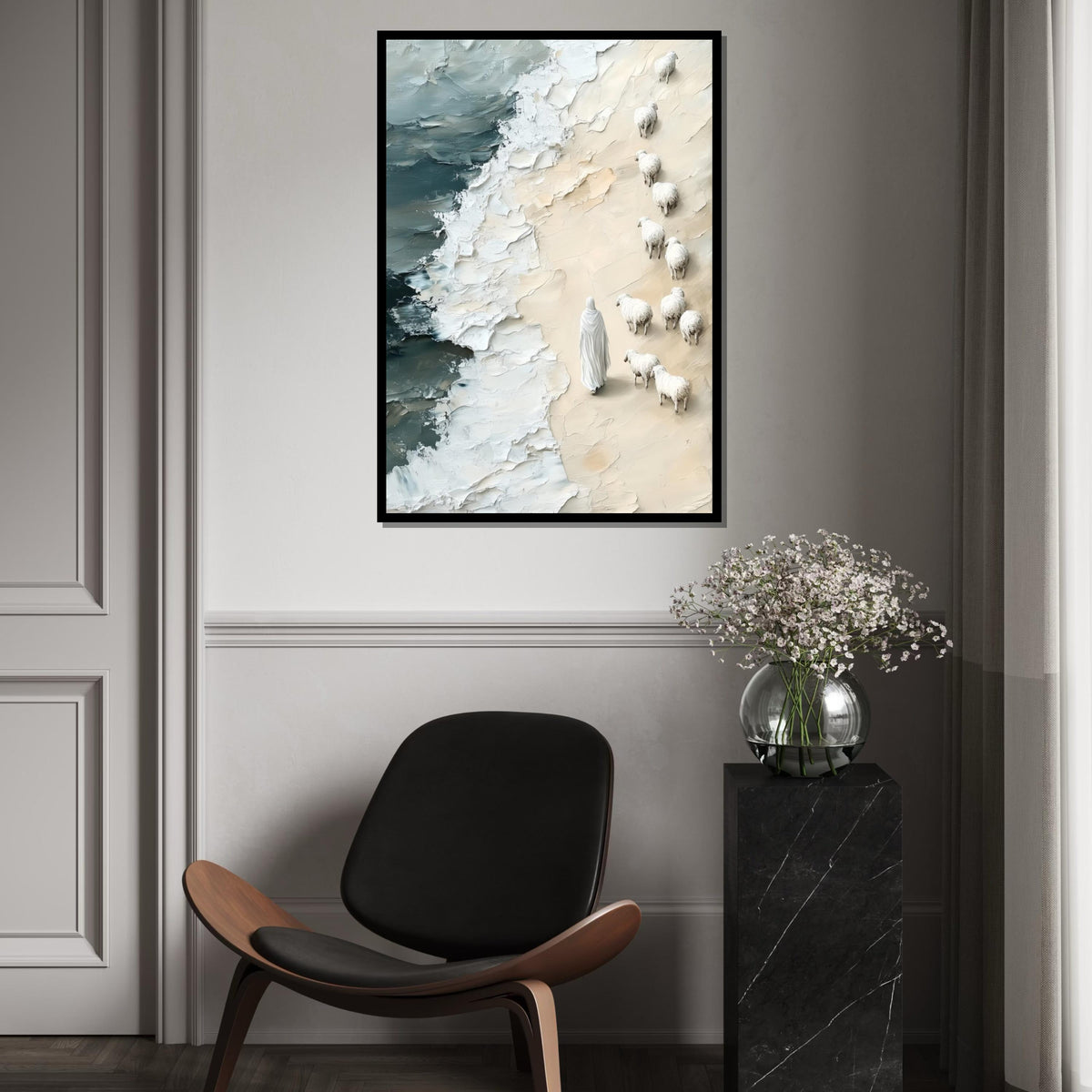 Shepherd on Shore Canvas, Jesus with Sheep Art, Pastoral Beach Scene, Wall Art Canvas Design, Ready to Hang Decoration