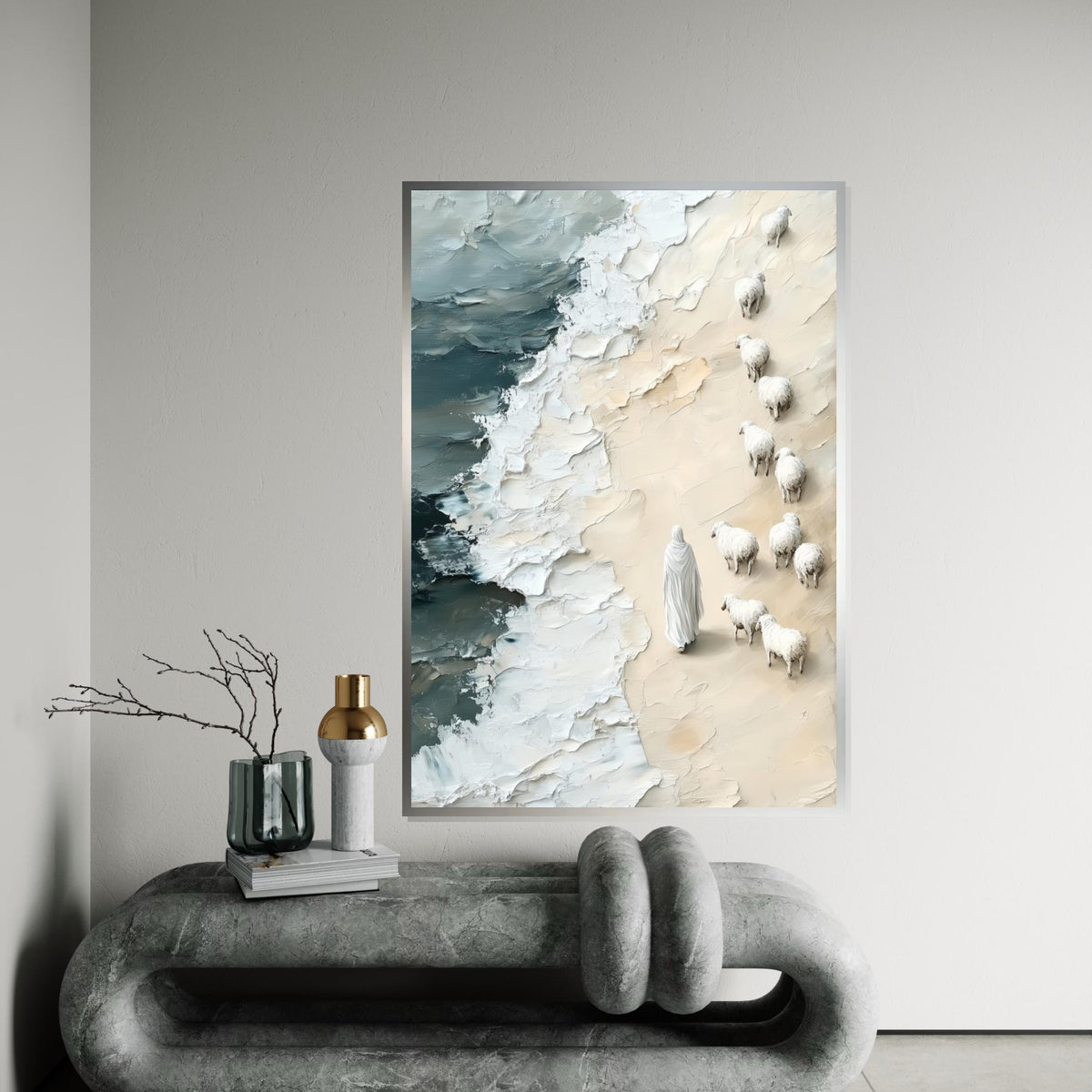 Shepherd on Shore Canvas, Jesus with Sheep Art, Pastoral Beach Scene, Wall Art Canvas Design, Ready to Hang Decoration