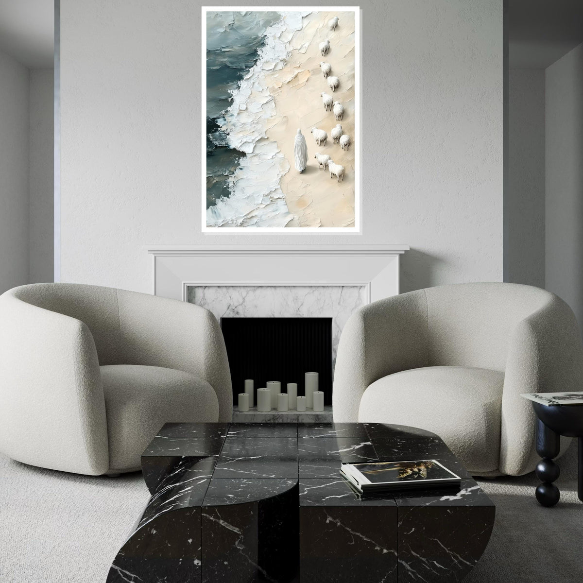 Shepherd on Shore Canvas, Jesus with Sheep Art, Pastoral Beach Scene, Wall Art Canvas Design, Ready to Hang Decoration