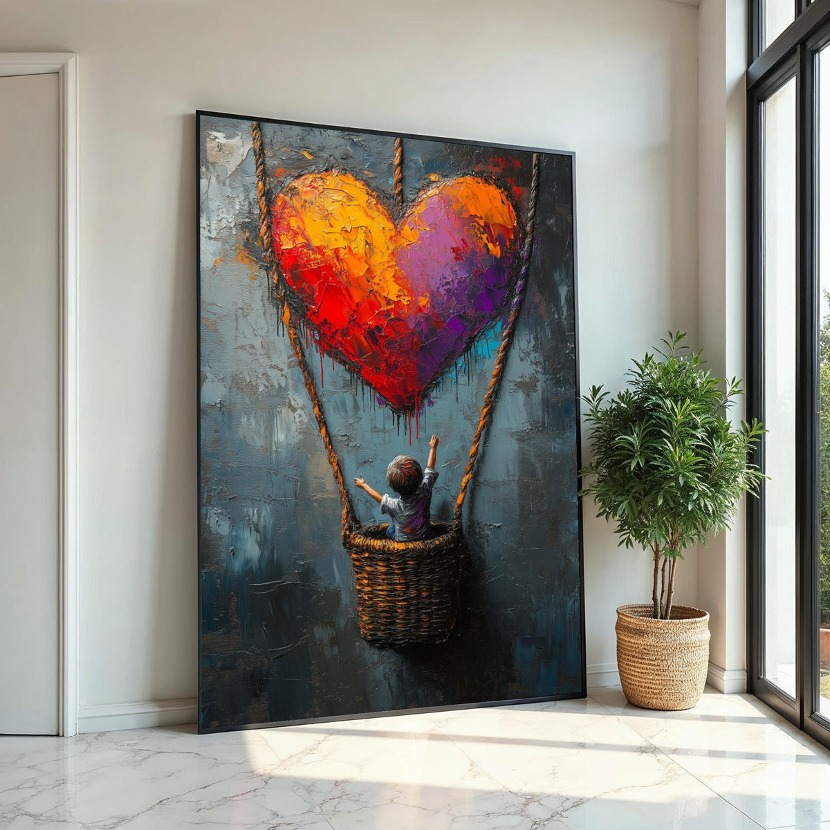 Heart Balloon Child Canvas, Graffiti Art, Colorful Heart Poster, Balloon Art, Wall Art Canvas Design, Ready to Hang Decoration