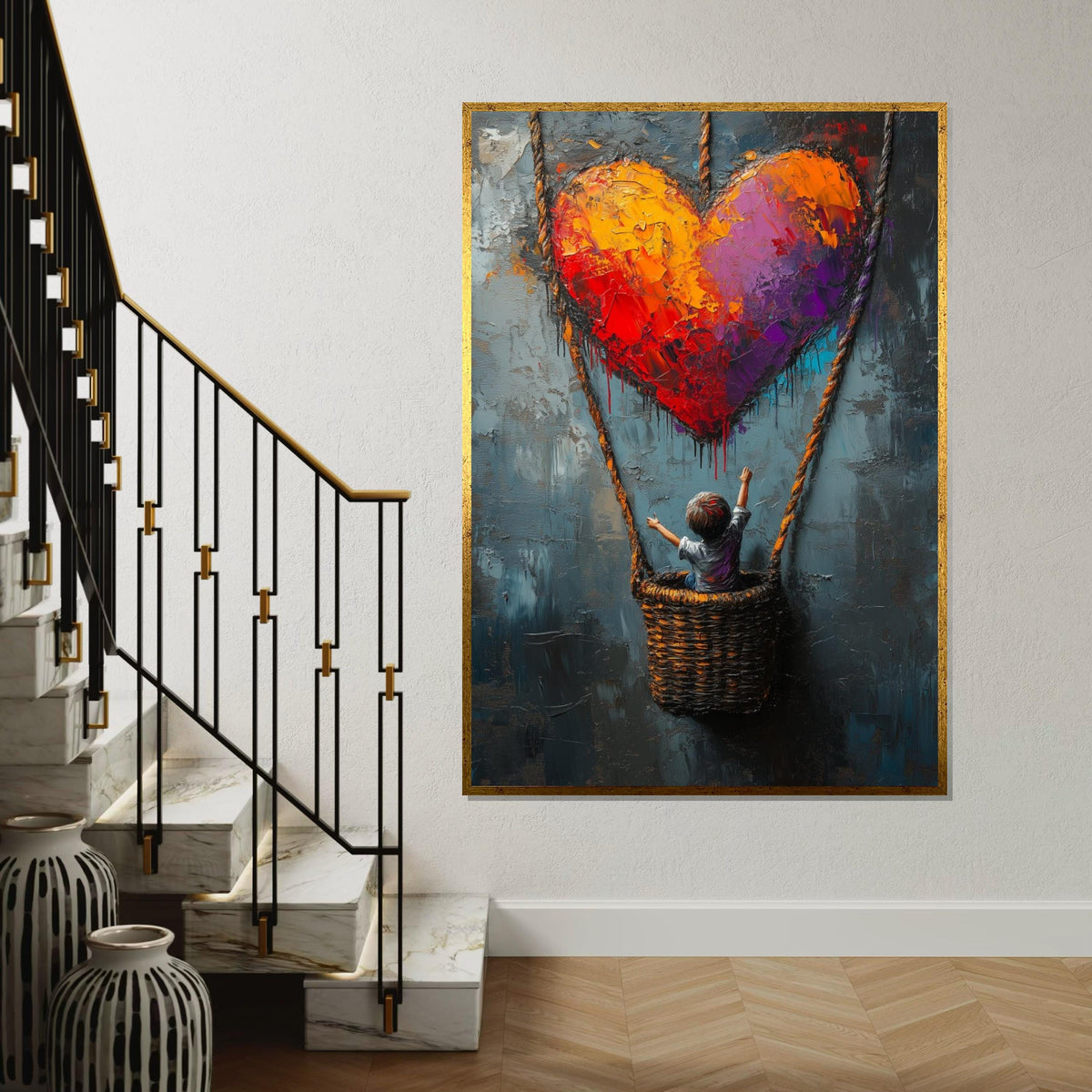 Heart Balloon Child Canvas, Graffiti Art, Colorful Heart Poster, Balloon Art, Wall Art Canvas Design, Ready to Hang Decoration