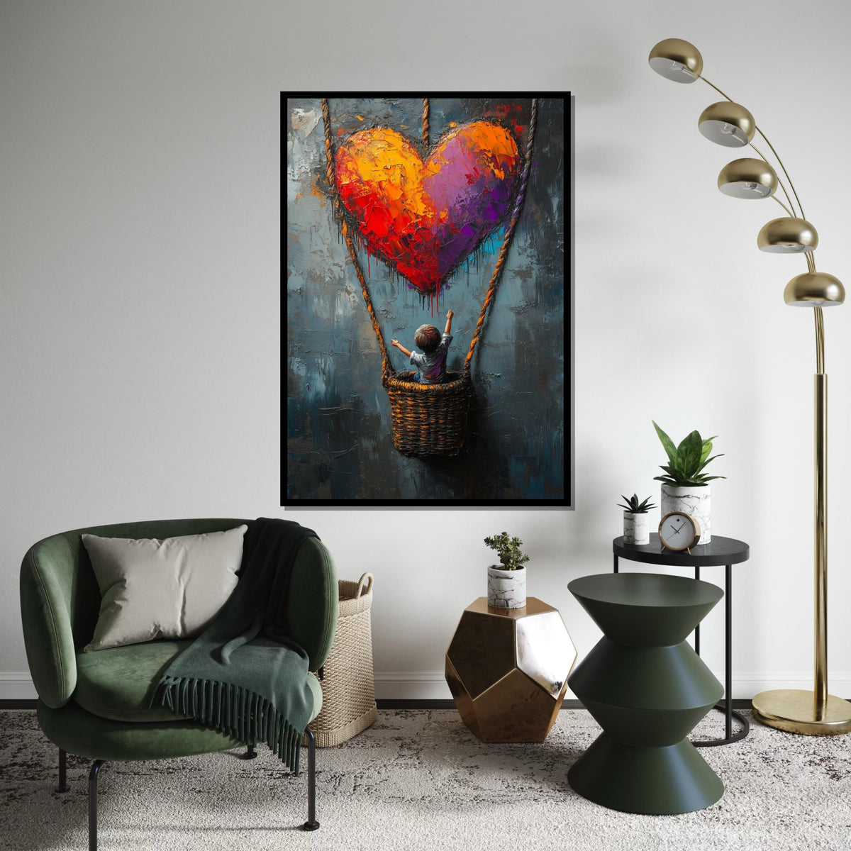 Heart Balloon Child Canvas, Graffiti Art, Colorful Heart Poster, Balloon Art, Wall Art Canvas Design, Ready to Hang Decoration