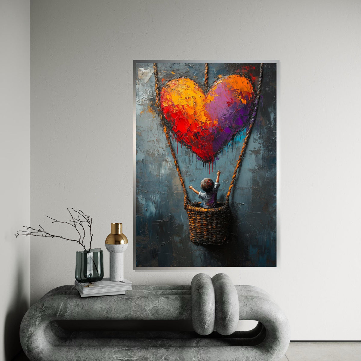 Heart Balloon Child Canvas, Graffiti Art, Colorful Heart Poster, Balloon Art, Wall Art Canvas Design, Ready to Hang Decoration