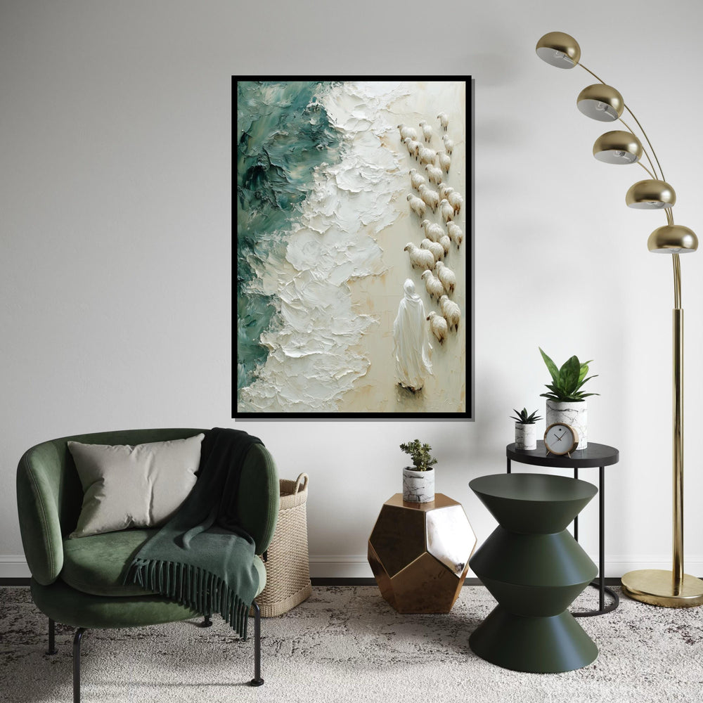 Shepherd of the Sea, Jesus Art Canvas, Religious Wall Art, Sheep and Waves Painting, Wall Art Canvas Design, Ready To Hang Decoration