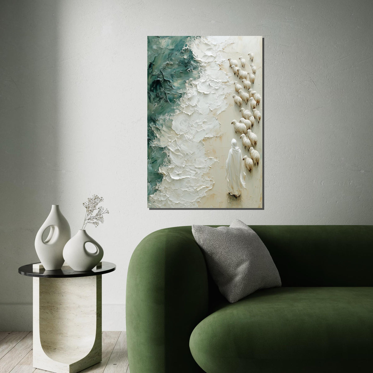 Shepherd of the Sea, Jesus Art Canvas, Religious Wall Art, Sheep and Waves Painting, Wall Art Canvas Design, Ready To Hang Decoration