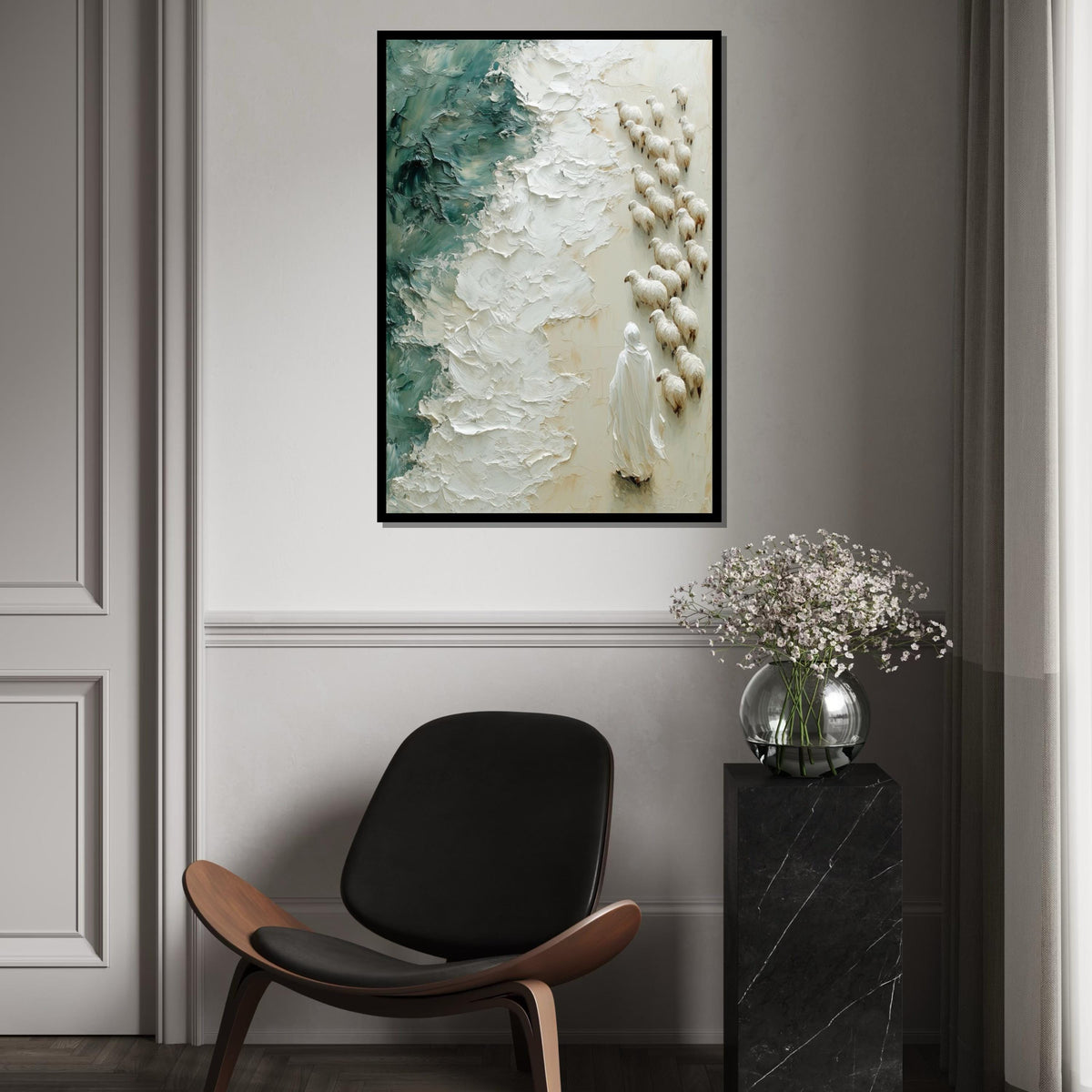 Shepherd of the Sea, Jesus Art Canvas, Religious Wall Art, Sheep and Waves Painting, Wall Art Canvas Design, Ready To Hang Decoration