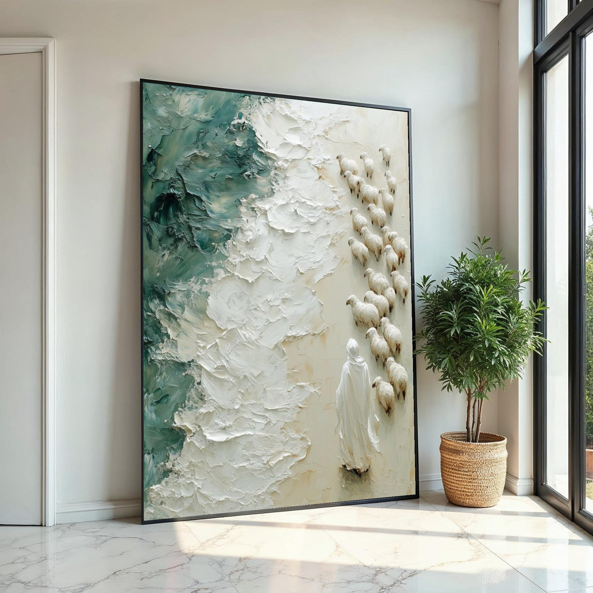 Shepherd of the Sea, Jesus Art Canvas, Religious Wall Art, Sheep and Waves Painting, Wall Art Canvas Design, Ready To Hang Decoration