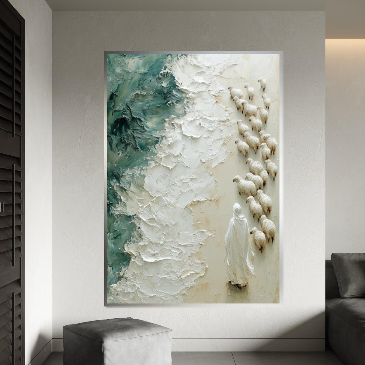 Shepherd of the Sea, Jesus Art Canvas, Religious Wall Art, Sheep and Waves Painting, Wall Art Canvas Design, Ready To Hang Decoration