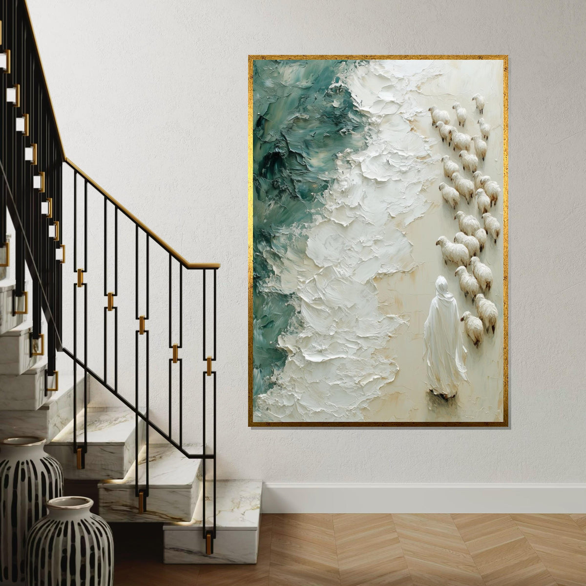 Shepherd of the Sea, Jesus Art Canvas, Religious Wall Art, Sheep and Waves Painting, Wall Art Canvas Design, Ready To Hang Decoration