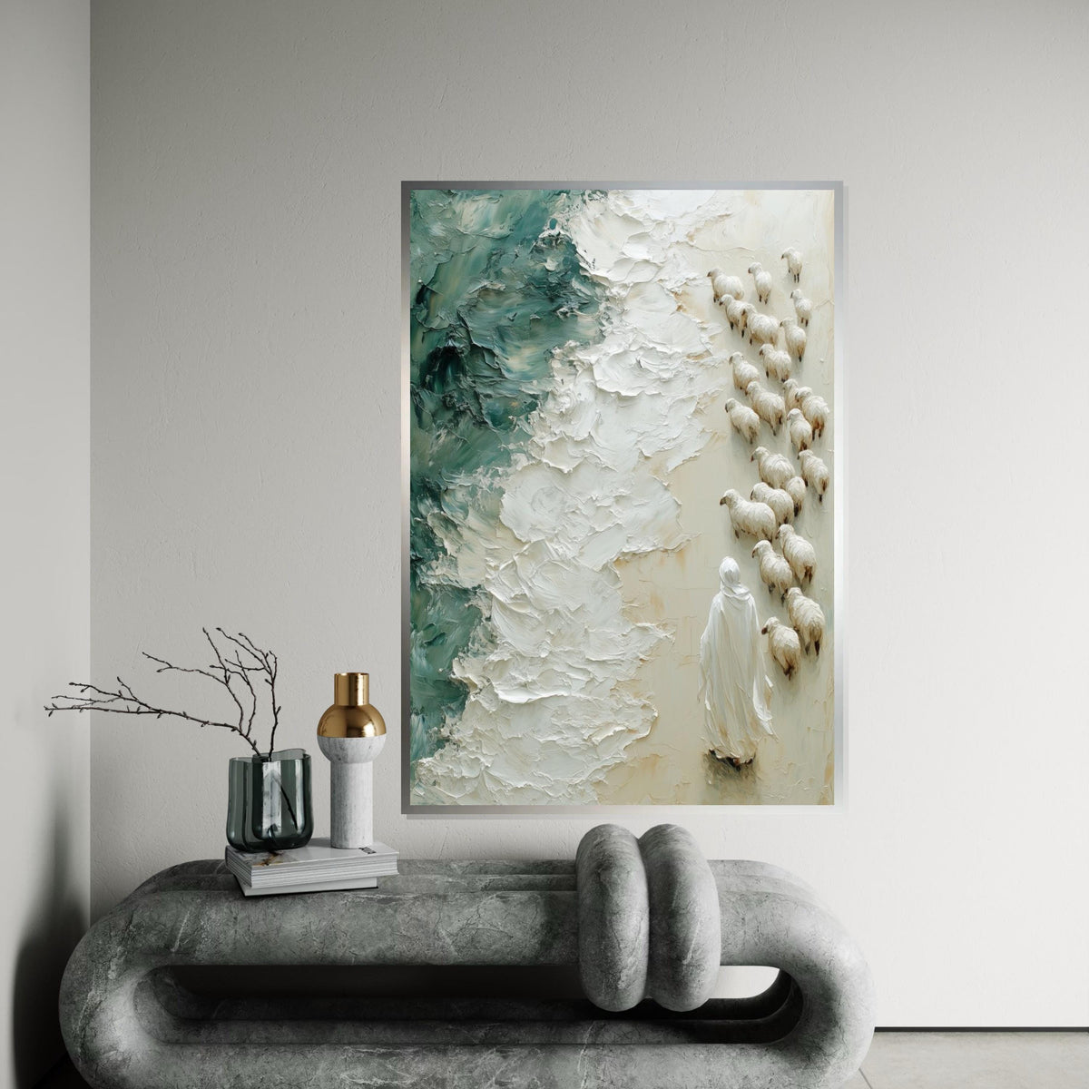 Shepherd of the Sea, Jesus Art Canvas, Religious Wall Art, Sheep and Waves Painting, Wall Art Canvas Design, Ready To Hang Decoration