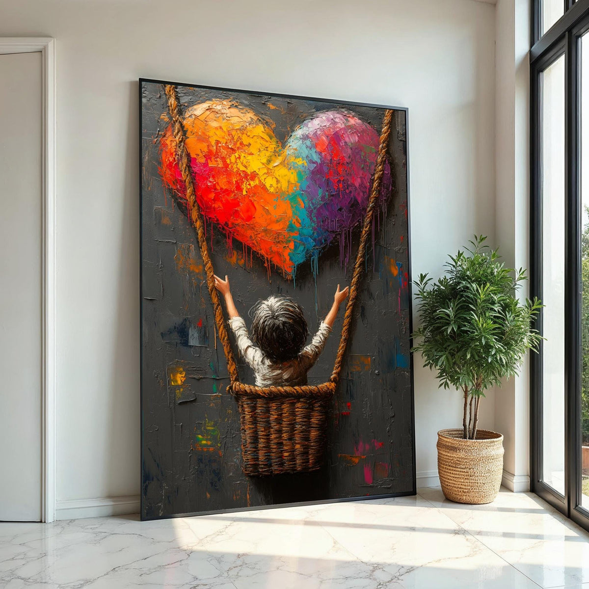 Rainbow Heart Canvas, Child in Swing Art, Colorful Heart Wall Art, Textured Painting Print, Wall Art Canvas Design, Ready To Hang