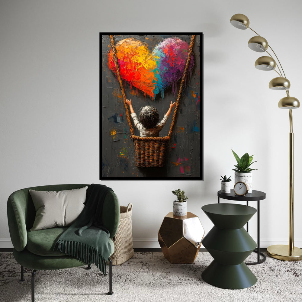 Rainbow Heart Canvas, Child in Swing Art, Colorful Heart Wall Art, Textured Painting Print, Wall Art Canvas Design, Ready To Hang