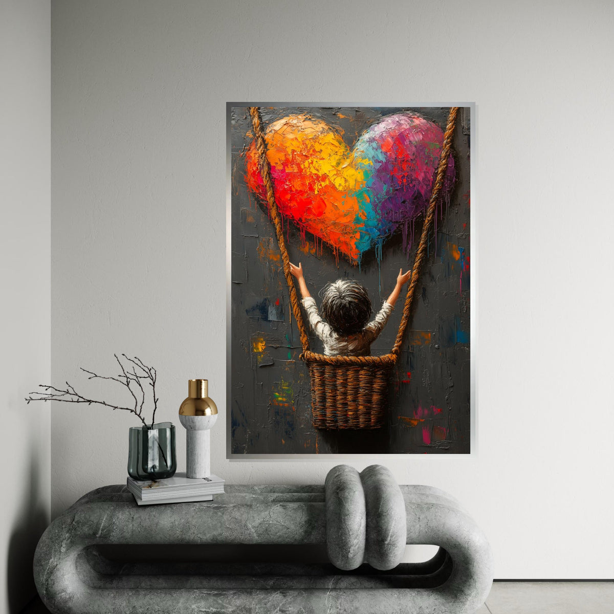 Rainbow Heart Canvas, Child in Swing Art, Colorful Heart Wall Art, Textured Painting Print, Wall Art Canvas Design, Ready To Hang