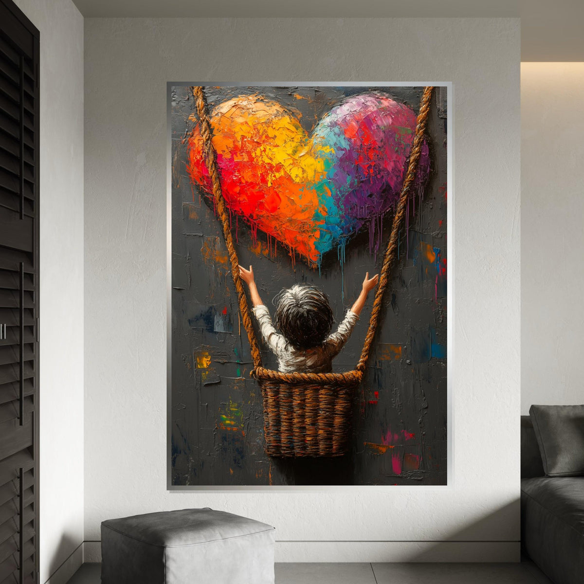 Rainbow Heart Canvas, Child in Swing Art, Colorful Heart Wall Art, Textured Painting Print, Wall Art Canvas Design, Ready To Hang