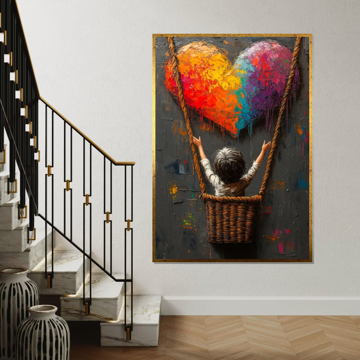 Rainbow Heart Canvas, Child in Swing Art, Colorful Heart Wall Art, Textured Painting Print, Wall Art Canvas Design, Ready To Hang