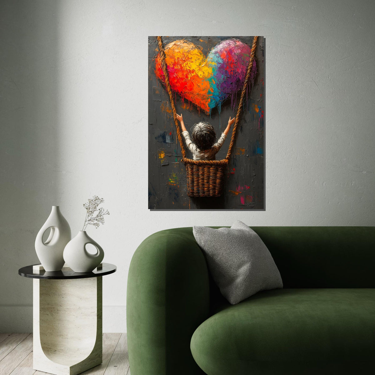 Rainbow Heart Canvas, Child in Swing Art, Colorful Heart Wall Art, Textured Painting Print, Wall Art Canvas Design, Ready To Hang