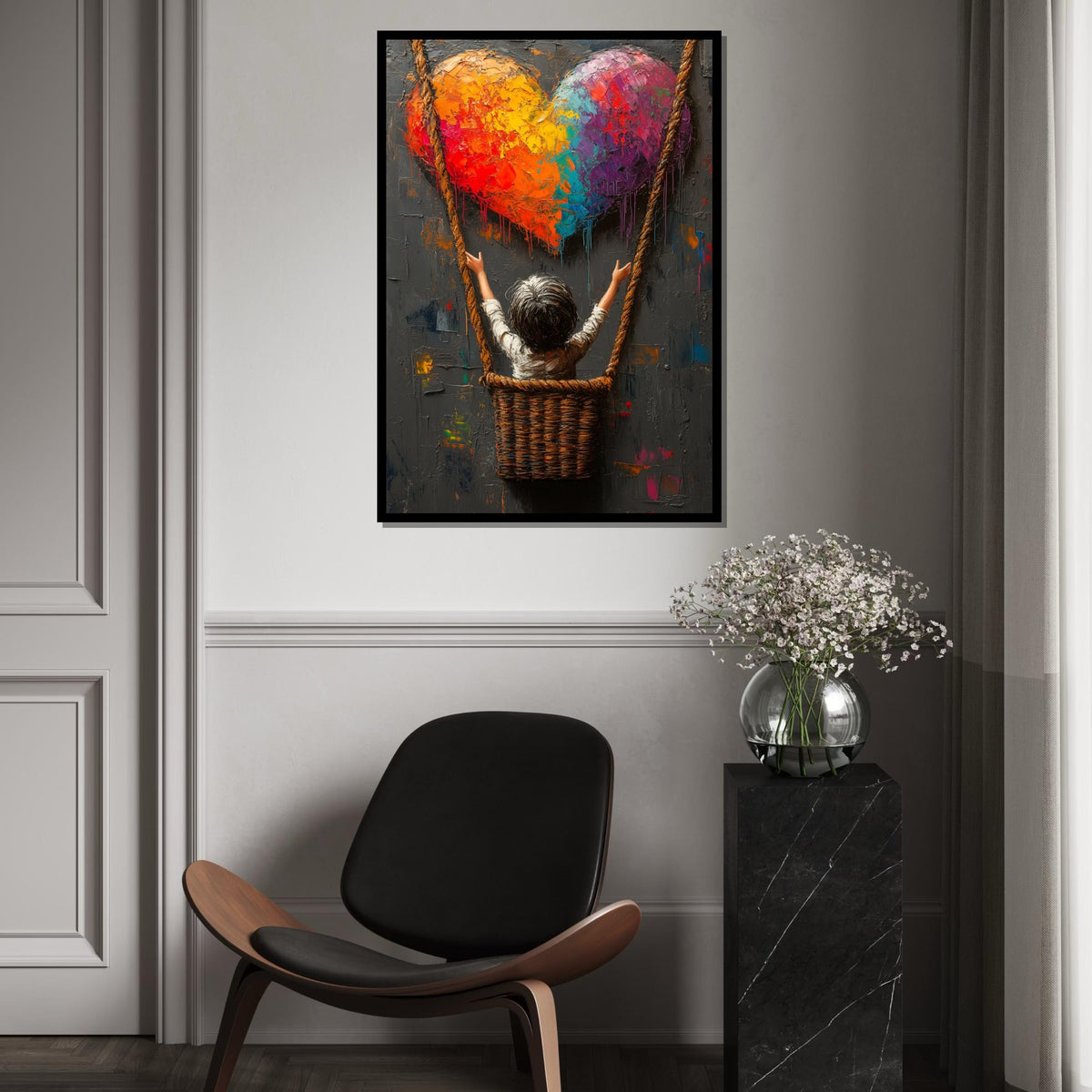 Rainbow Heart Canvas, Child in Swing Art, Colorful Heart Wall Art, Textured Painting Print, Wall Art Canvas Design, Ready To Hang