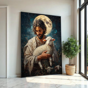 Shepherd and Lamb Canvas, Gentle Protector Wall Art, Spiritual Art, Moonlit Design, Wall Art Canvas, Ready to Hang Sacred Decor