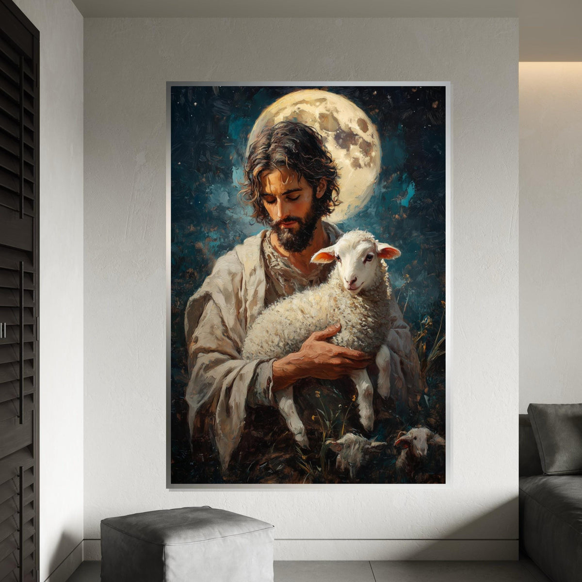 Shepherd and Lamb Canvas, Gentle Protector Wall Art, Spiritual Art, Moonlit Design, Wall Art Canvas, Ready to Hang Sacred Decor
