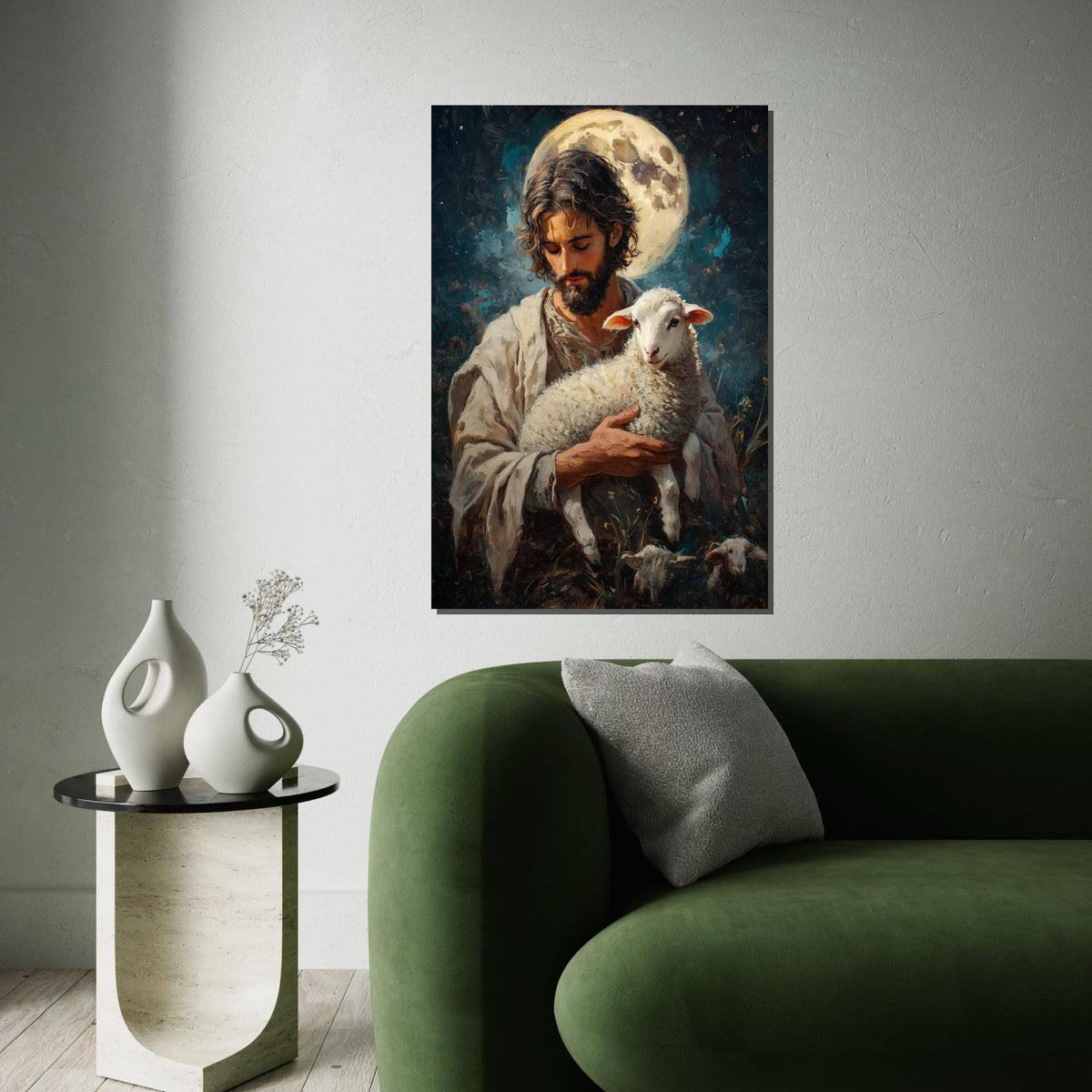 Shepherd and Lamb Canvas, Gentle Protector Wall Art, Spiritual Art, Moonlit Design, Wall Art Canvas, Ready to Hang Sacred Decor