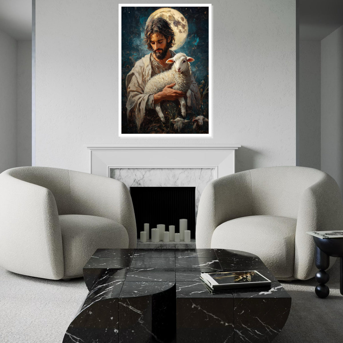 Shepherd and Lamb Canvas, Gentle Protector Wall Art, Spiritual Art, Moonlit Design, Wall Art Canvas, Ready to Hang Sacred Decor