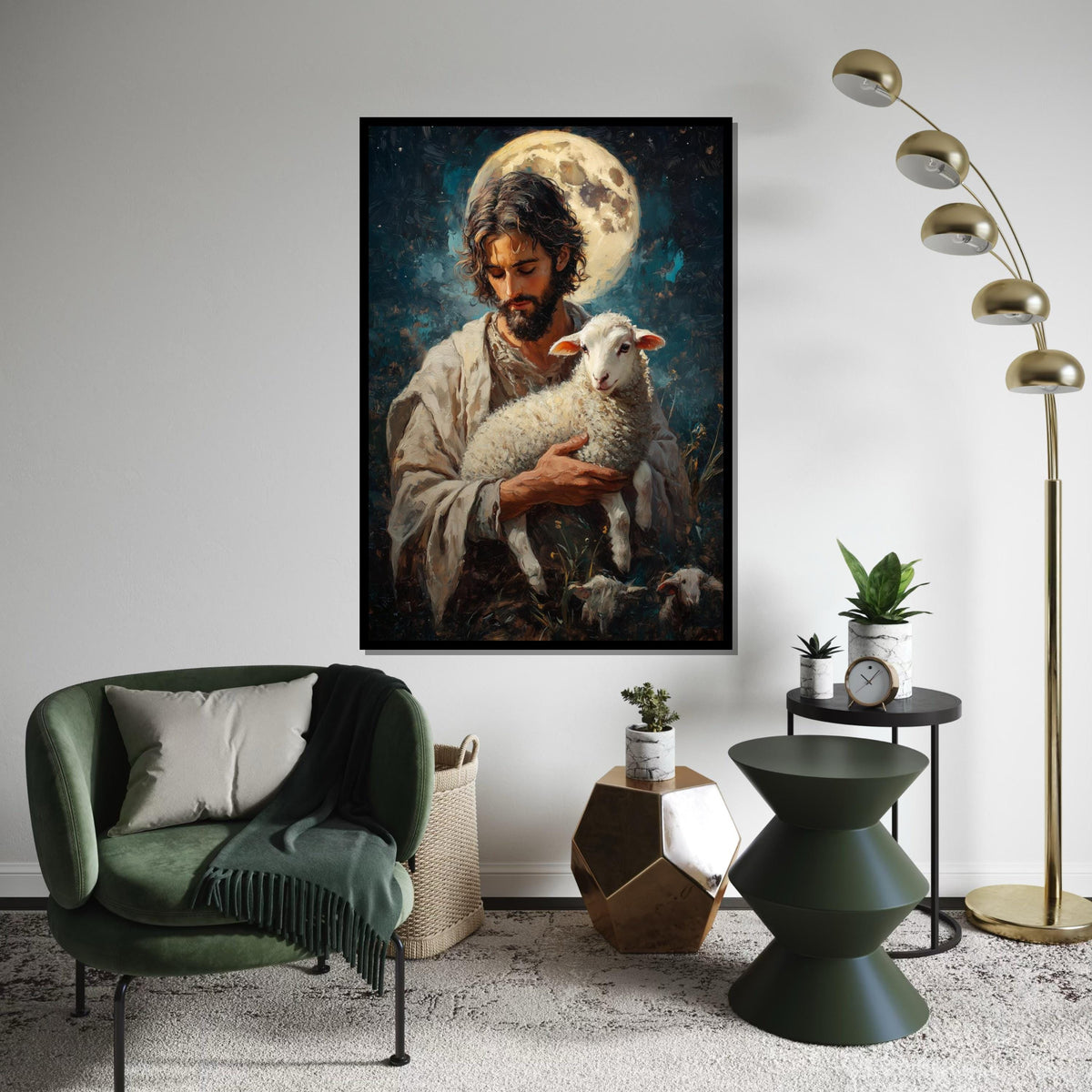 Shepherd and Lamb Canvas, Gentle Protector Wall Art, Spiritual Art, Moonlit Design, Wall Art Canvas, Ready to Hang Sacred Decor