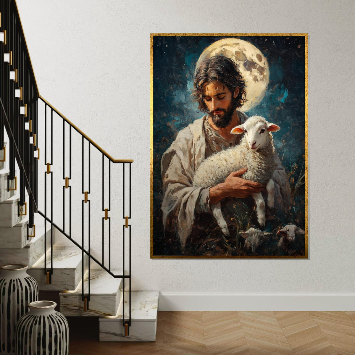 Shepherd and Lamb Canvas, Gentle Protector Wall Art, Spiritual Art, Moonlit Design, Wall Art Canvas, Ready to Hang Sacred Decor