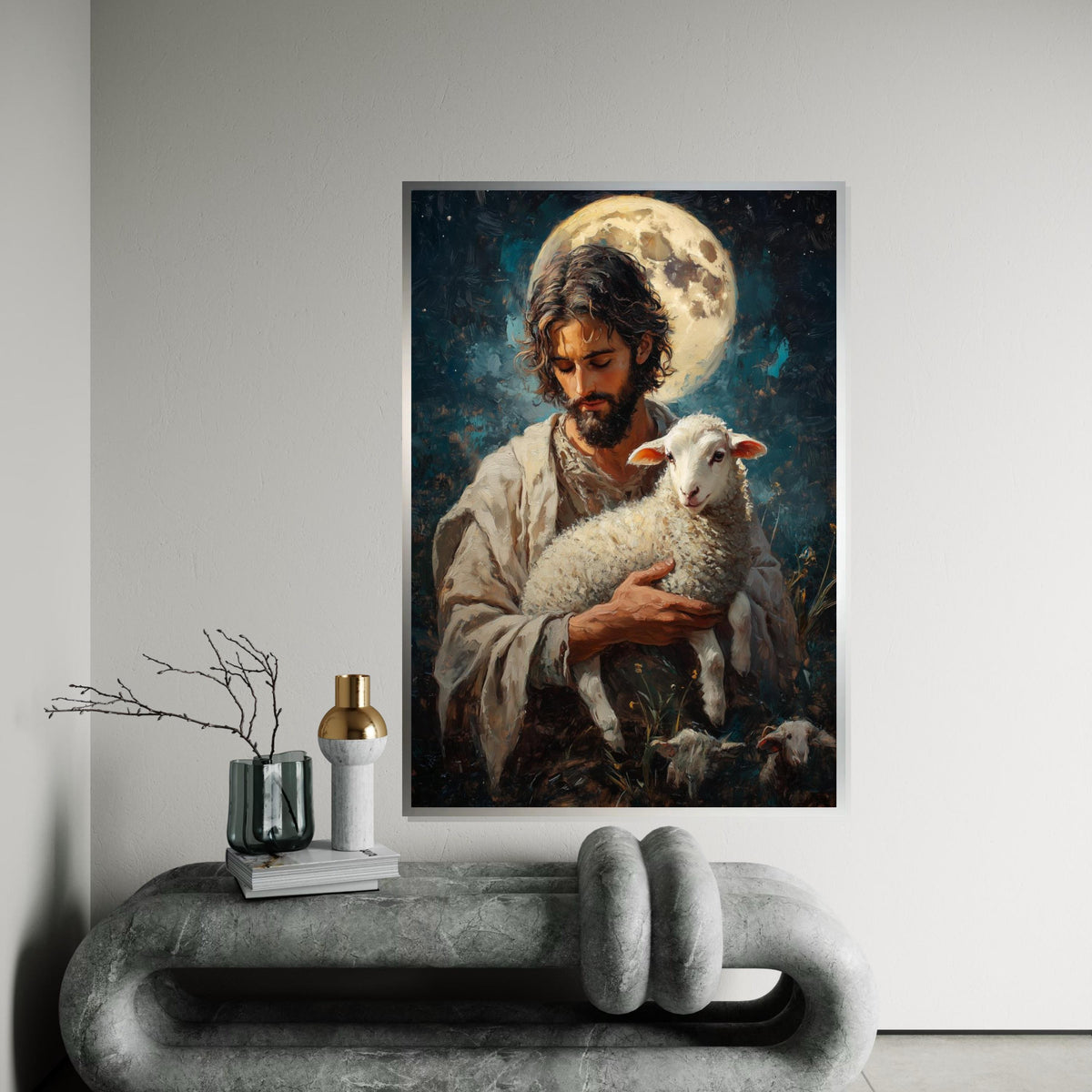 Shepherd and Lamb Canvas, Gentle Protector Wall Art, Spiritual Art, Moonlit Design, Wall Art Canvas, Ready to Hang Sacred Decor
