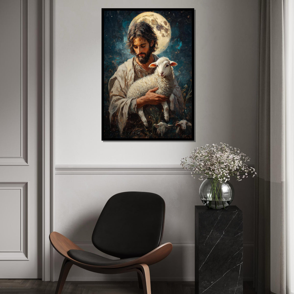 Shepherd and Lamb Canvas, Gentle Protector Wall Art, Spiritual Art, Moonlit Design, Wall Art Canvas, Ready to Hang Sacred Decor