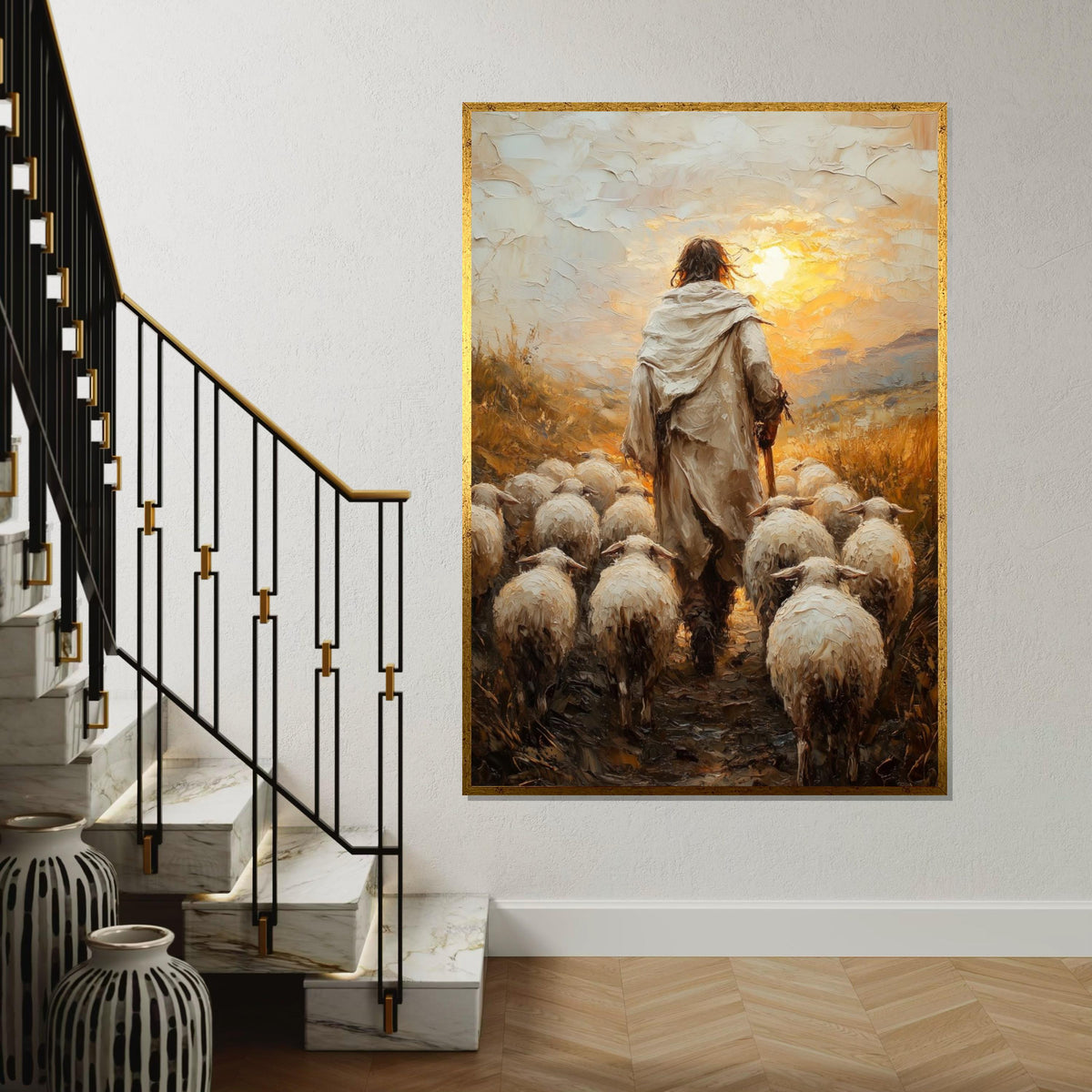 Shepherd Savior Canvas, Jesus with Sheep Art, Religious Wall Art, Canvas Art Design, Spiritual Decor, Ready to Hang Decoration