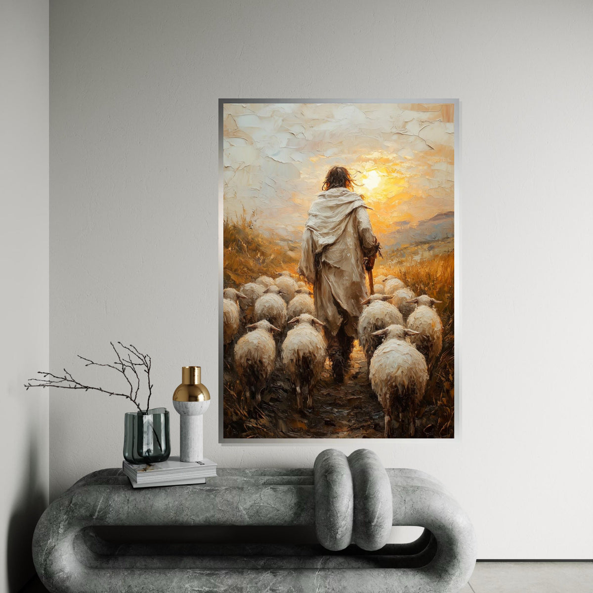 Shepherd Savior Canvas, Jesus with Sheep Art, Religious Wall Art, Canvas Art Design, Spiritual Decor, Ready to Hang Decoration