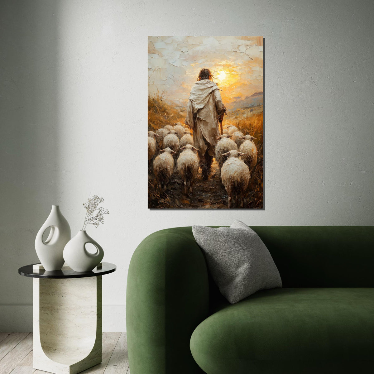 Shepherd Savior Canvas, Jesus with Sheep Art, Religious Wall Art, Canvas Art Design, Spiritual Decor, Ready to Hang Decoration