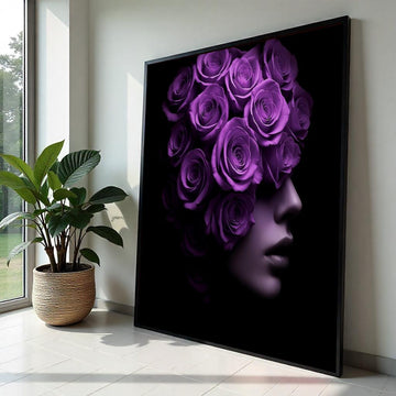 Purple Rose Woman Canvas, Floral Face Art, Surreal Portrait Print, Wall Art Canvas Design, Ready to Hang Decoration, Modern Home Decor