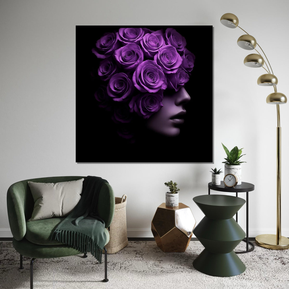 Purple Rose Woman Canvas, Floral Face Art, Surreal Portrait Print, Wall Art Canvas Design, Ready to Hang Decoration, Modern Home Decor