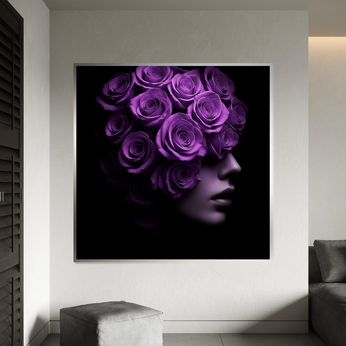Purple Rose Woman Canvas, Floral Face Art, Surreal Portrait Print, Wall Art Canvas Design, Ready to Hang Decoration, Modern Home Decor