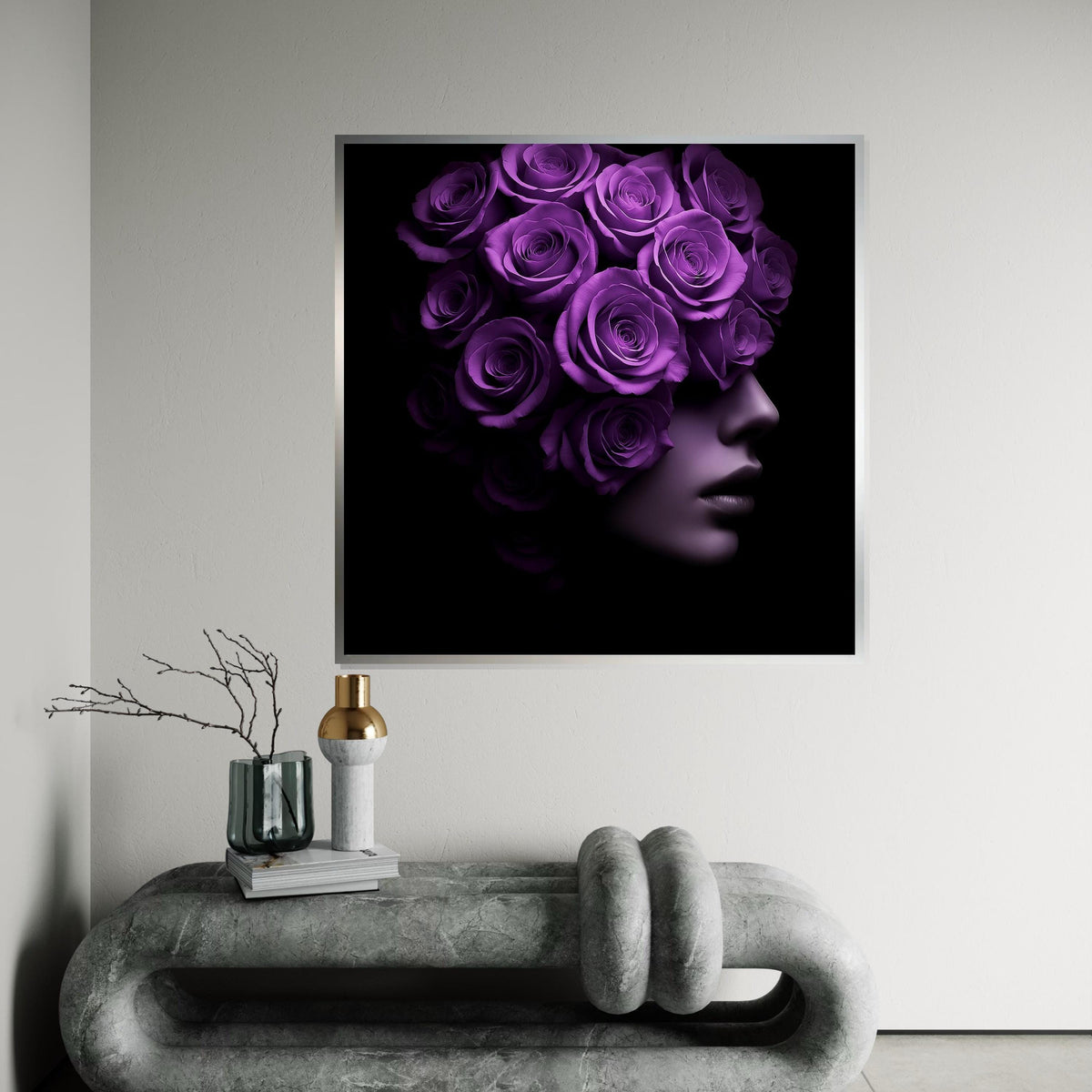 Purple Rose Woman Canvas, Floral Face Art, Surreal Portrait Print, Wall Art Canvas Design, Ready to Hang Decoration, Modern Home Decor