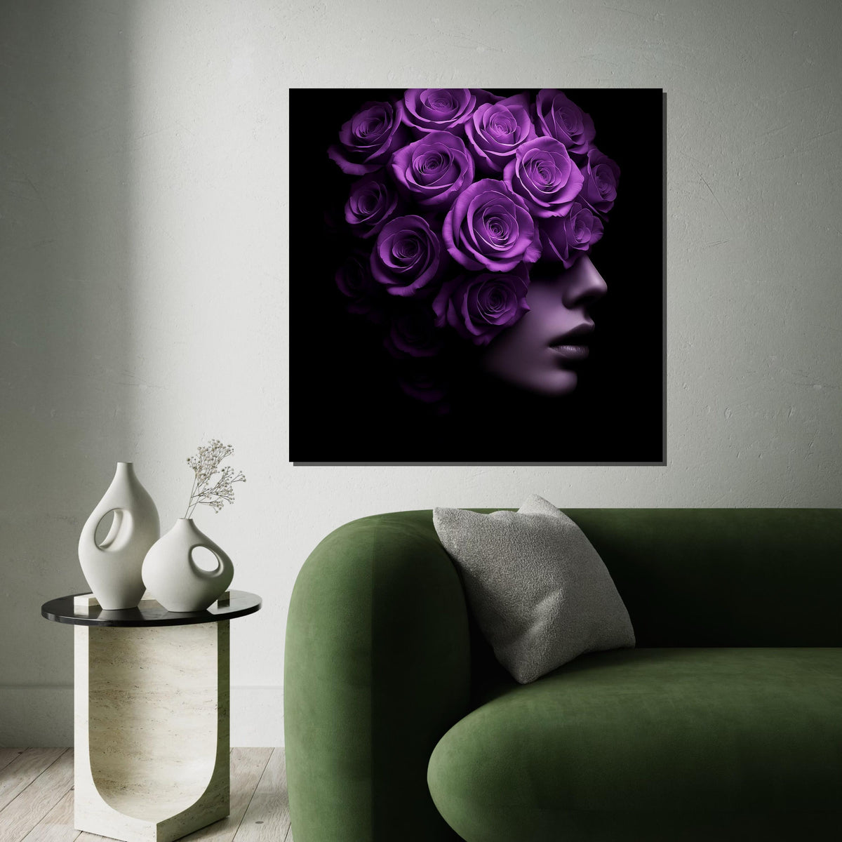 Purple Rose Woman Canvas, Floral Face Art, Surreal Portrait Print, Wall Art Canvas Design, Ready to Hang Decoration, Modern Home Decor