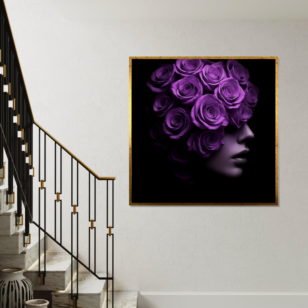 Purple Rose Woman Canvas, Floral Face Art, Surreal Portrait Print, Wall Art Canvas Design, Ready to Hang Decoration, Modern Home Decor
