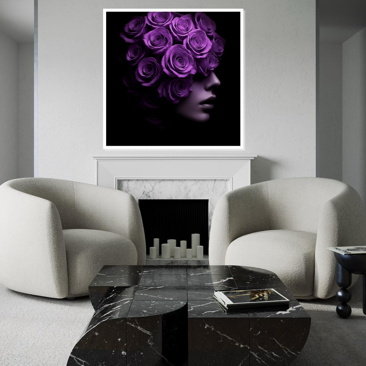 Purple Rose Woman Canvas, Floral Face Art, Surreal Portrait Print, Wall Art Canvas Design, Ready to Hang Decoration, Modern Home Decor