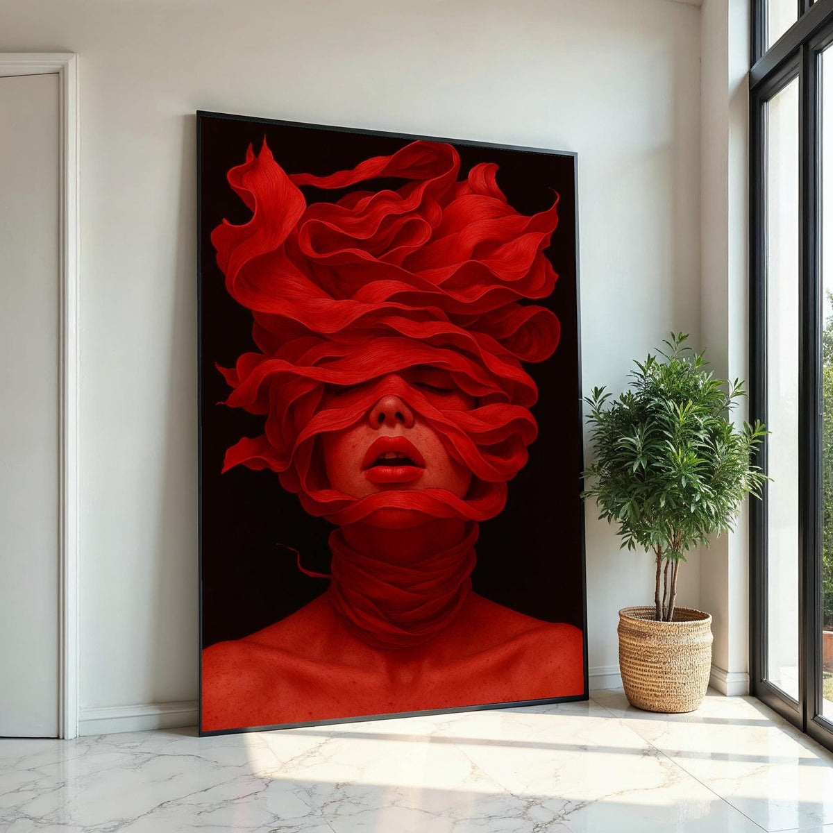 Red Veil Woman Canvas, Abstract Portrait Art, Bold Red Wall Print, Mysterious Face Art, Wall Art Canvas Design, Ready To Hang Decor
