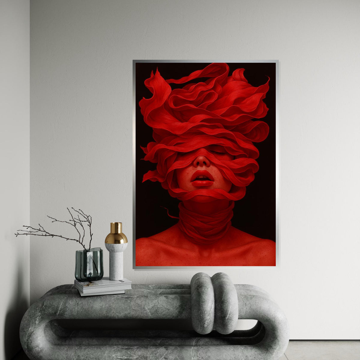 Red Veil Woman Canvas, Abstract Portrait Art, Bold Red Wall Print, Mysterious Face Art, Wall Art Canvas Design, Ready To Hang Decor