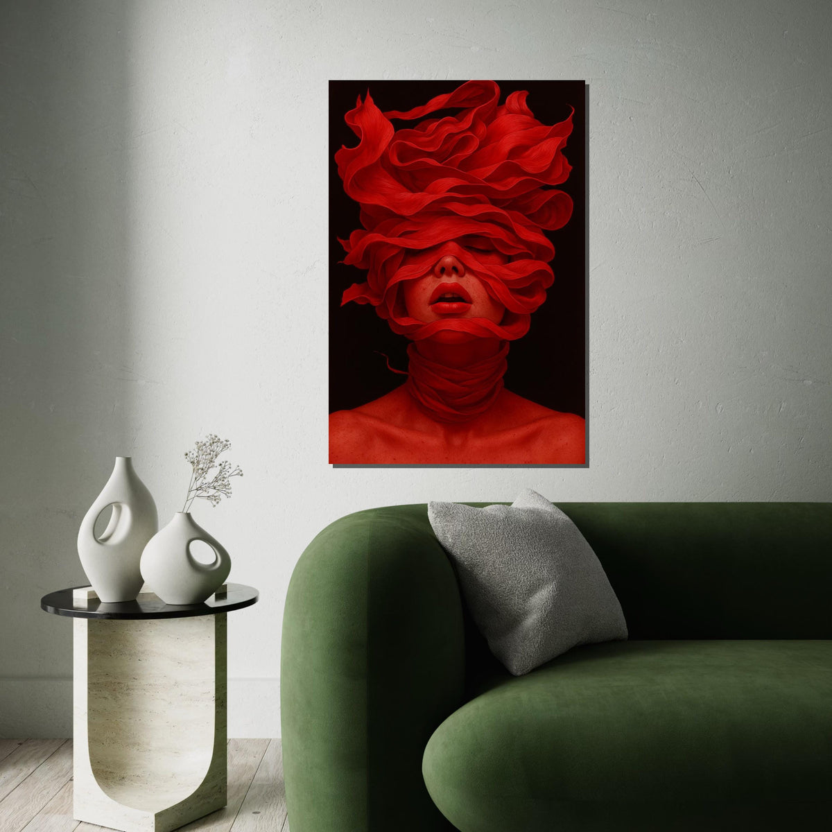 Red Veil Woman Canvas, Abstract Portrait Art, Bold Red Wall Print, Mysterious Face Art, Wall Art Canvas Design, Ready To Hang Decor